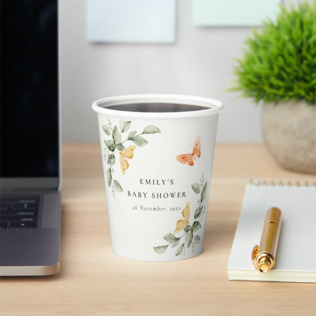 Cute Yellow Garden Foliage Butterflies Baby Shower Paper Cups (Insitu)