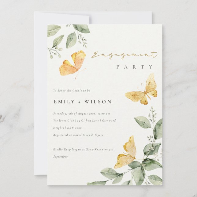 Cute Yellow Garden Foliage Butterflies Engagement Invitation (Front)