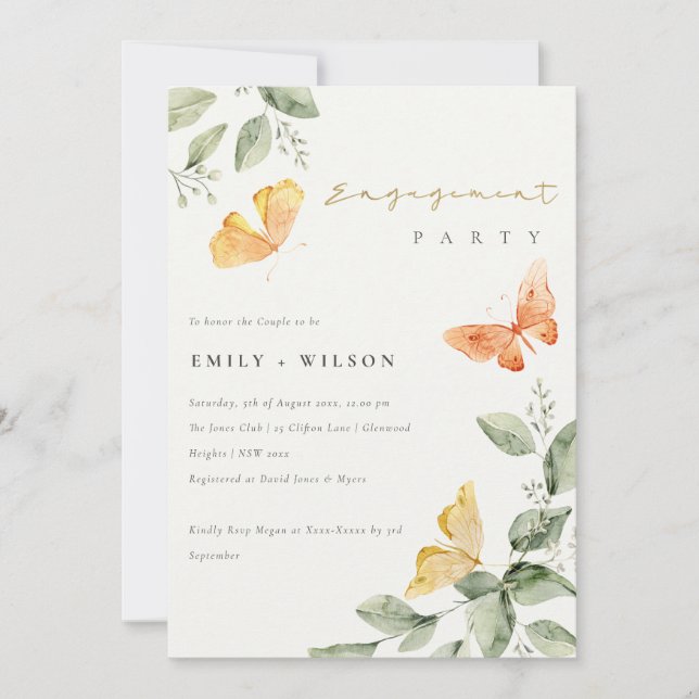 Cute Yellow Garden Foliage Butterflies Engagement Invitation (Front)