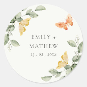 Cute Yellow Garden Foliage Butterflies Wedding Classic Round Sticker