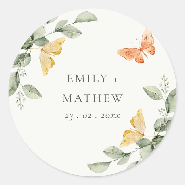 Cute Yellow Garden Foliage Butterflies Wedding Classic Round Sticker (Front)