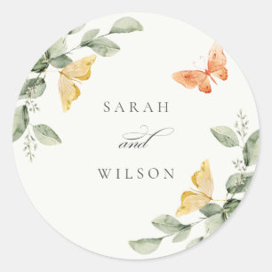 Cute Yellow Garden Foliage Butterflies Wedding Classic Round Sticker