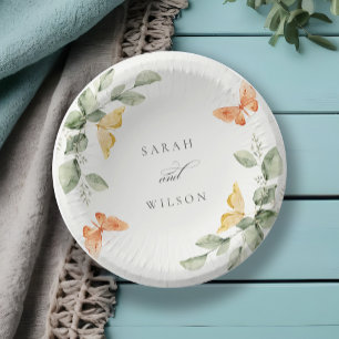 Cute Yellow Garden Foliage Butterflies Wedding Paper Plate