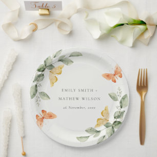 Cute Yellow Garden Foliage Butterflies Wedding Paper Plate