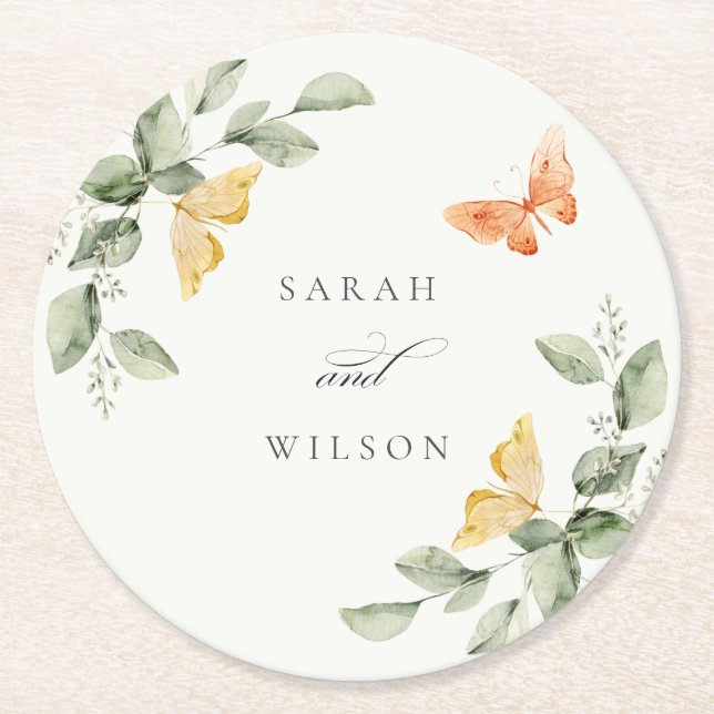 Cute Yellow Garden Foliage Butterflies Wedding Round Paper Coaster (Front)