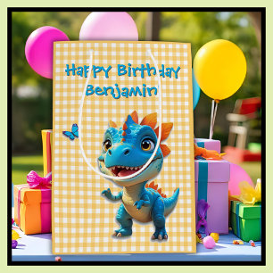 Cute Yellow Gingham Blue Dinosaur Birthday Medium Gift Bag