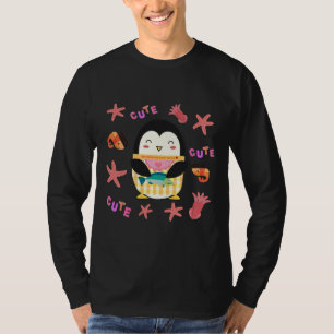 Cute Yellow Gingham Penguin Catching Fish T-Shirt