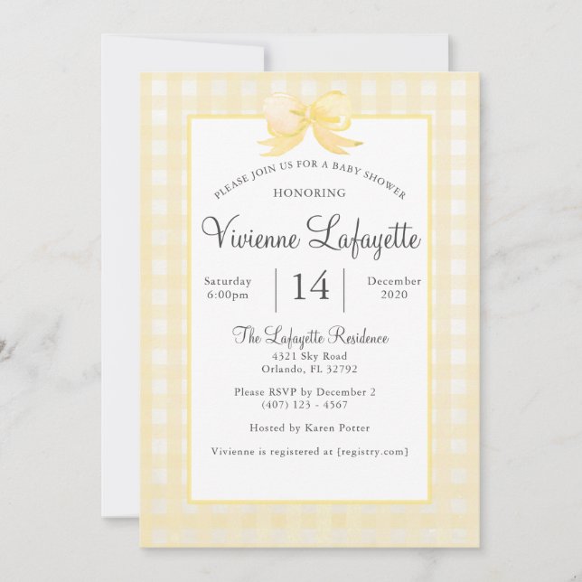 Cute Yellow Gingham with Bow Baby Shower Invitation (Front)
