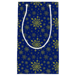 Cute Yellow Gold Christmas Snowflakes on Blue   Small Gift Bag