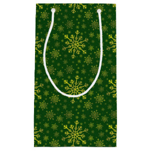 Cute Yellow Gold Christmas Snowflakes on Green   Small Gift Bag