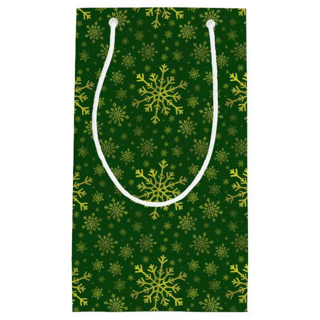 Cute Yellow Gold Christmas Snowflakes on Green   Small Gift Bag (Front)