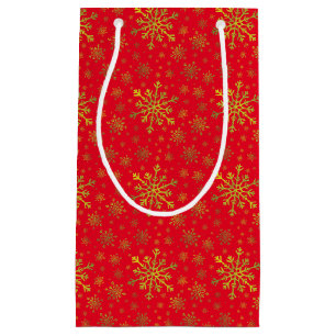 Cute Yellow Gold Christmas Snowflakes on Red Small Gift Bag