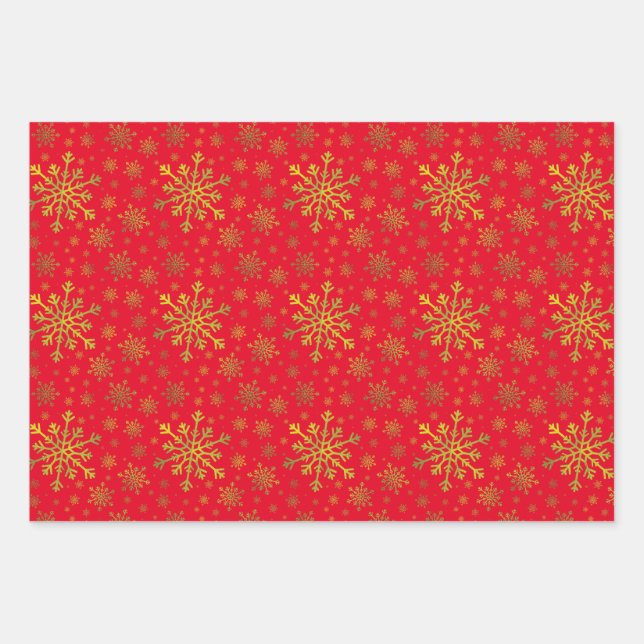 Cute Yellow Gold Christmas Snowflakes on Red Wrapp Wrapping Paper Sheet (Front)