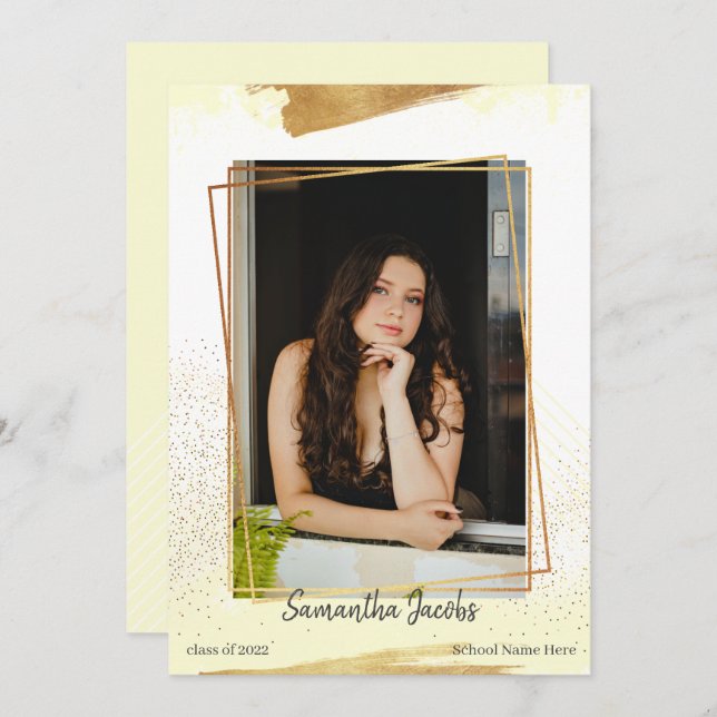 Cute Yellow & Gold Framed Graduation Announcement (Front/Back)