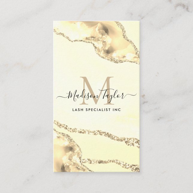Cute Yellow Gold Glitter Marble Agate Monogram Business Card (Front)