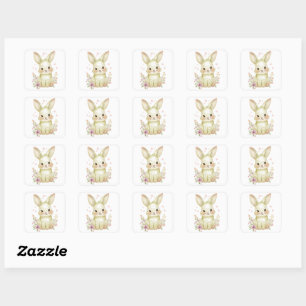Cute Yellow-Green Bunny Party Theme Pastel Floral Square Sticker
