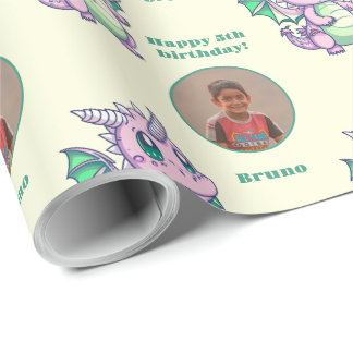 Cute Yellow Green Chibi Dragon Custom Photo Text Wrapping Paper