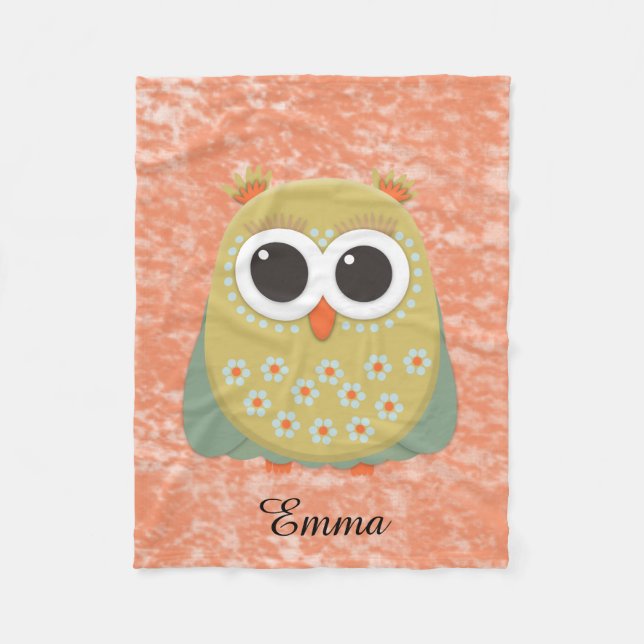 Cute Yellow Green Orange Owl Personalised Fleece Blanket (Front)