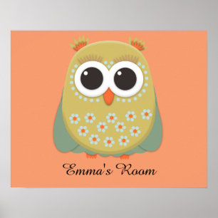 Cute Yellow Green Orange Owl Personalised Poster