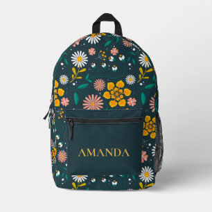 Cute Yellow Green Pretty Floral Print With Name Printed Backpack