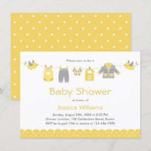 Cute Yellow Grey Clothes   Neutral Baby Shower Invitation