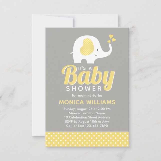 Cute Yellow Grey Elephant Baby Shower Invitation (Front)