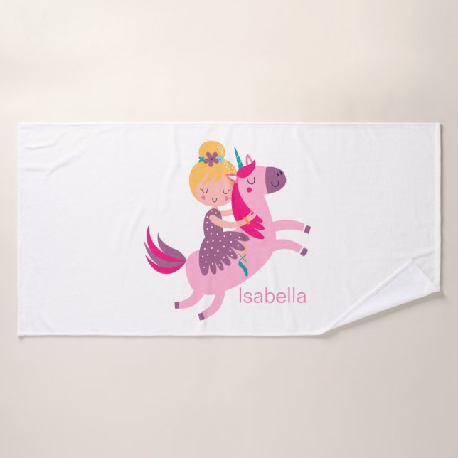 Cute Yellow Haired Girl Riding on a Unicorn Bath Towel (Bath Towel)
