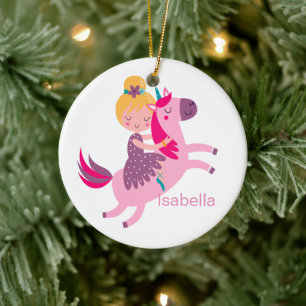 Cute Yellow Haired Girl Riding on a Unicorn Ceramic Tree Decoration