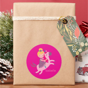 Cute Yellow Haired Girl Riding on a Unicorn Classic Round Sticker