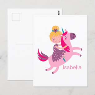 Cute Yellow Haired Girl Riding on a Unicorn Postcard