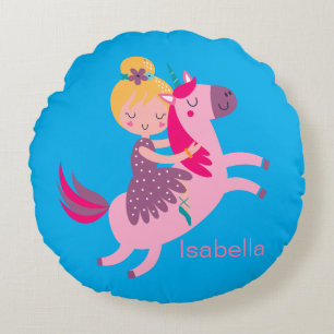 Cute Yellow Haired Girl Riding on a Unicorn Round Cushion