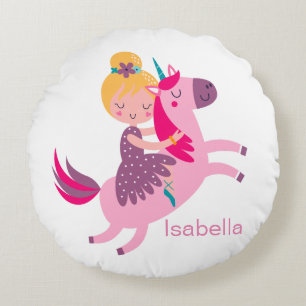 Cute Yellow Haired Girl Riding on a Unicorn Round Cushion