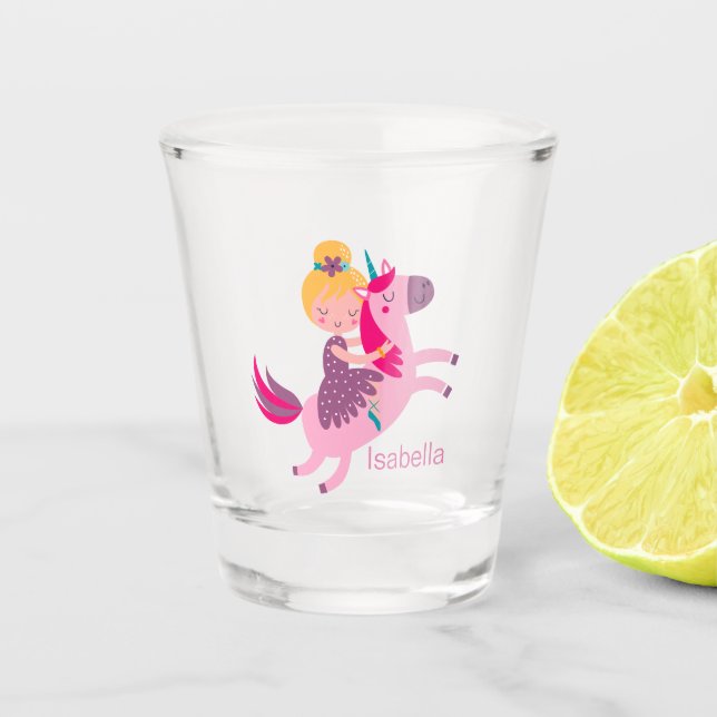 Cute Yellow Haired Girl Riding on a Unicorn Shot Glass (Front)
