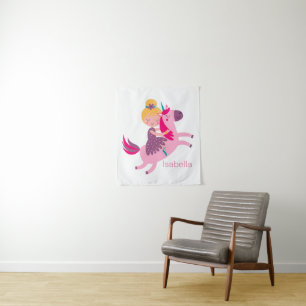 Cute Yellow Haired Girl Riding on a Unicorn Tapestry