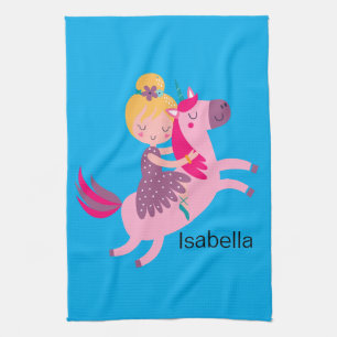Cute Yellow Haired Girl Riding on a Unicorn Tea Towel