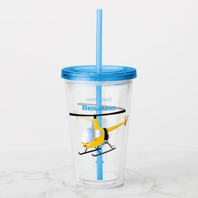 Cute yellow happy cartoon helicopter acrylic tumbler (Front)