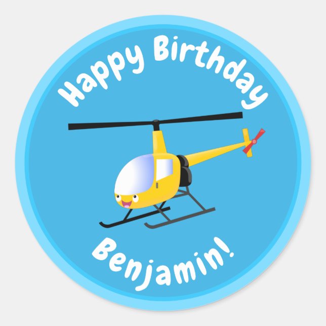 Cute yellow happy cartoon helicopter classic round sticker (Front)