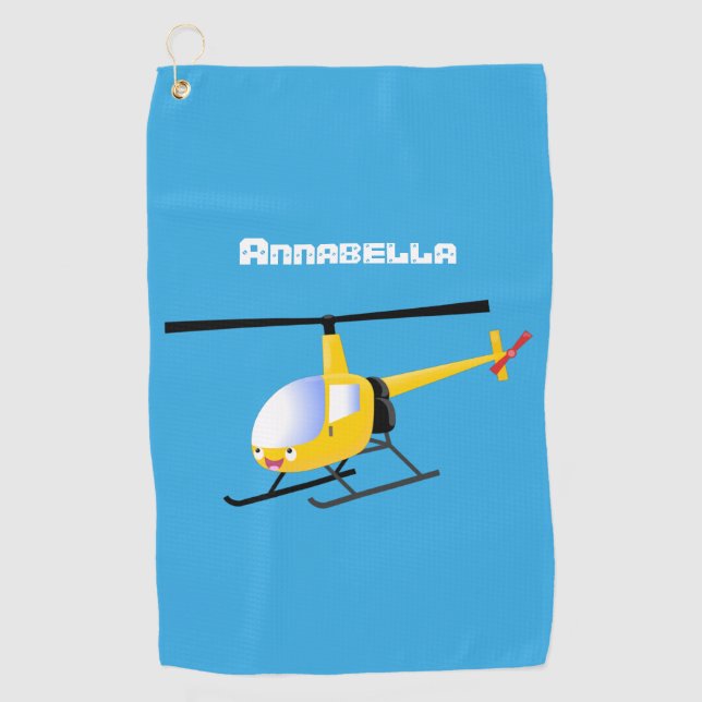 Cute yellow happy cartoon helicopter  golf towel (Front)