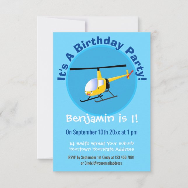 Cute yellow happy cartoon helicopter invitation (Front)