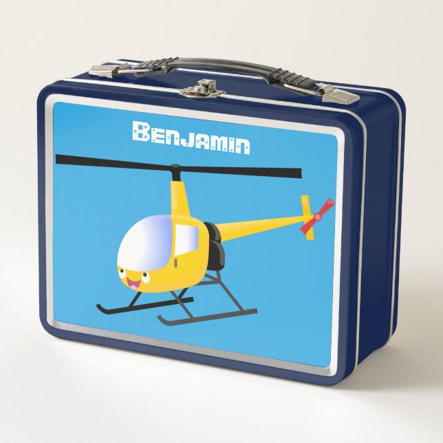 Cute yellow happy cartoon helicopter metal lunch box (Front)