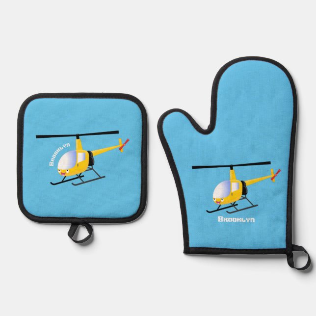 Cute yellow happy cartoon helicopter oven mitt & pot holder set (Front)