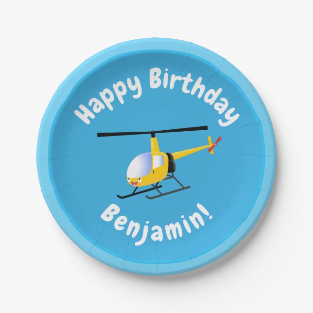 Cute yellow happy cartoon helicopter paper plate (Front)