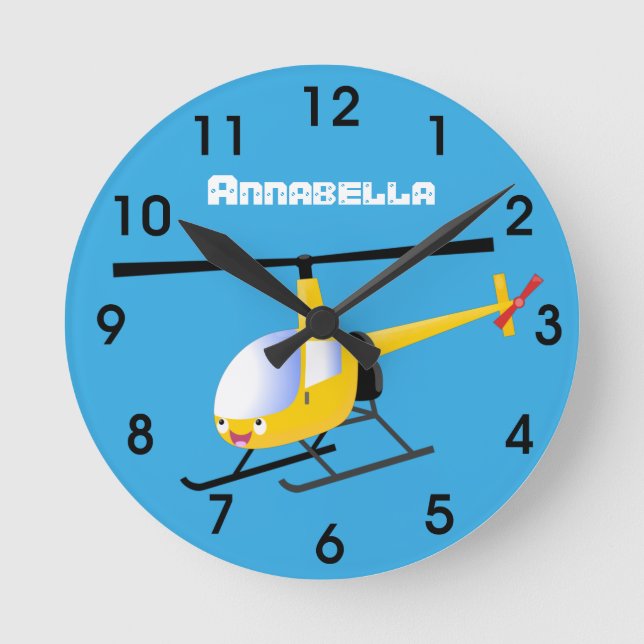 Cute yellow happy cartoon helicopter round clock (Front)