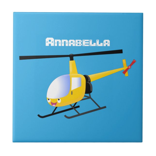 Cute yellow happy cartoon helicopter tile (Front)