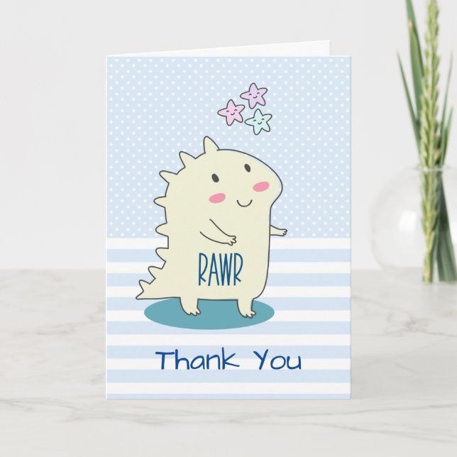 Cute Yellow Happy Dinosaur Illustration Thank You Card (Front)