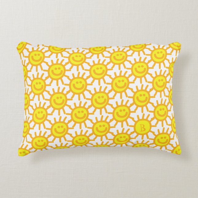 Cute Yellow Happy Face Sunshine Monogram Initial  Decorative Cushion (Front)