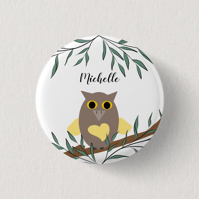 Cute Yellow Heart Owl On Branch Personalised  3 Cm Round Badge (Front)