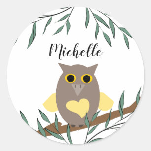 Cute Yellow Heart Owl On Branch Personalised Classic Round Sticker