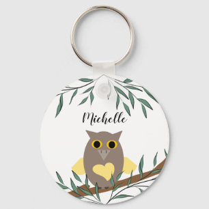 Cute Yellow Heart Owl On Branch Personalised Key Ring