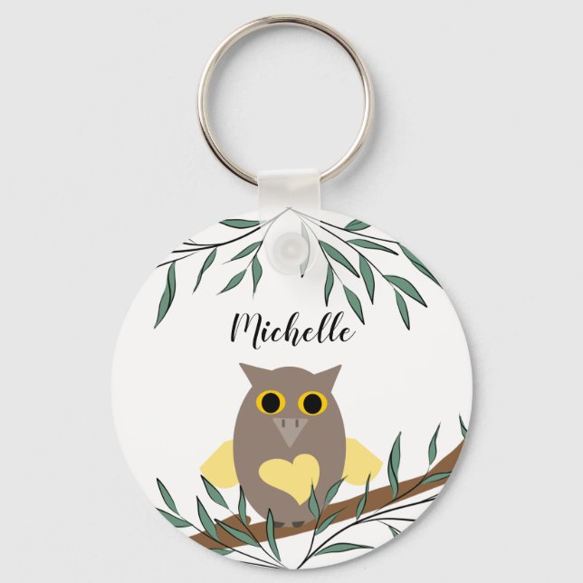 Cute Yellow Heart Owl On Branch Personalised Key Ring (Front)